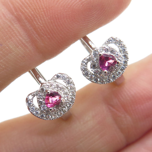 925 Sterling Silver Pink Heart-Cut & White Round-Cut Shaped C Z Hoop Earrings