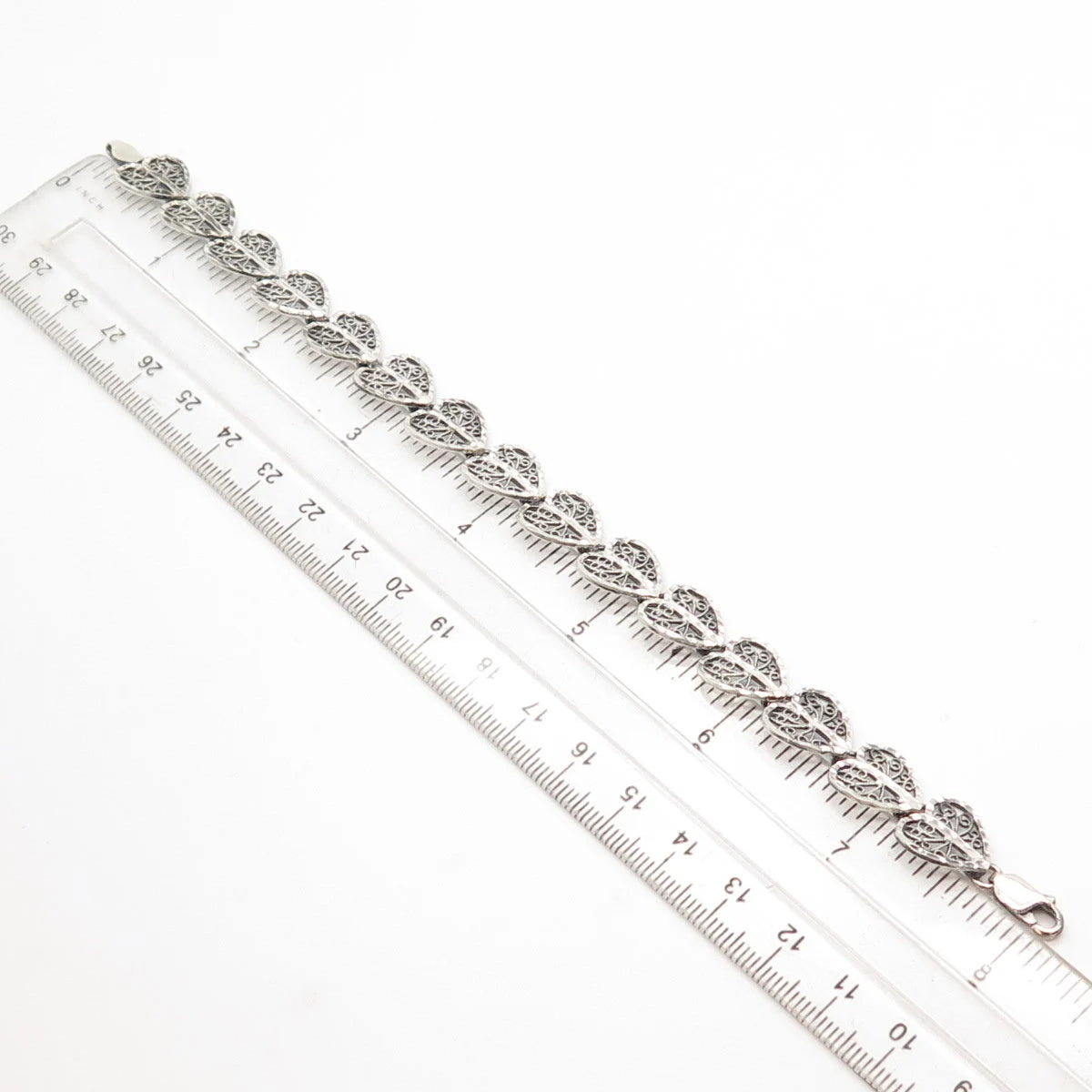 925 Sterling Silver Vintage Ornate Heart Link Bracelet 7.5"