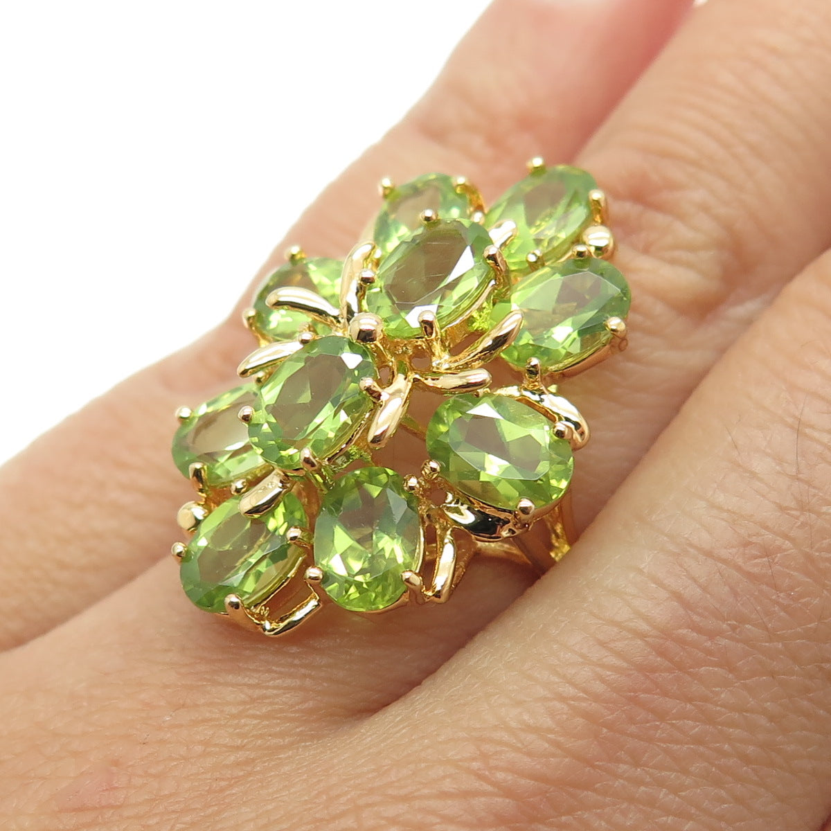 925 Sterling Silver Gold Plated Real Peridot Gemstone Statement Ring Size 6.25