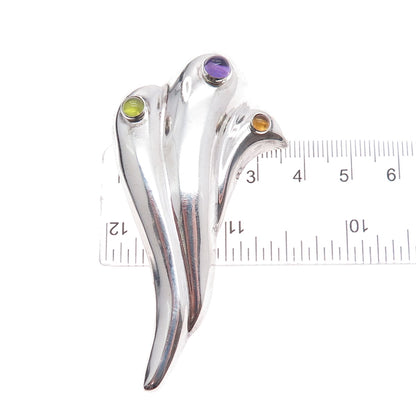 925 Sterling Silver Vintage Real Amethyst Peridot & Citrine Modernist Pin Brooch