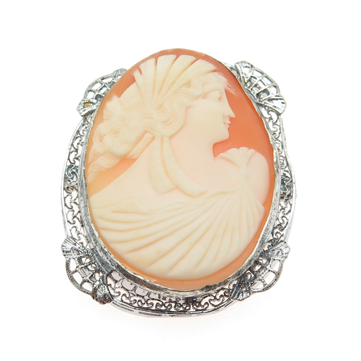 800 Silver Antique Real Carved MOP Victorian Lady Cameo Filigree Pin Pendant