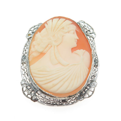 800 Silver Antique Real Carved MOP Victorian Lady Cameo Filigree Pin Pendant
