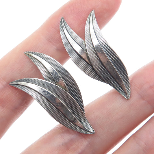925 Sterling Silver Vintage Germany Modernist Floral Leaf Screw Back Earrings