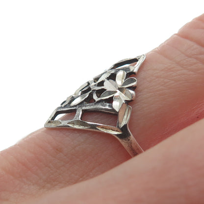 925 Sterling Silver Vintage Diamond-Cut Flower Oxidized Ring Size 6.75