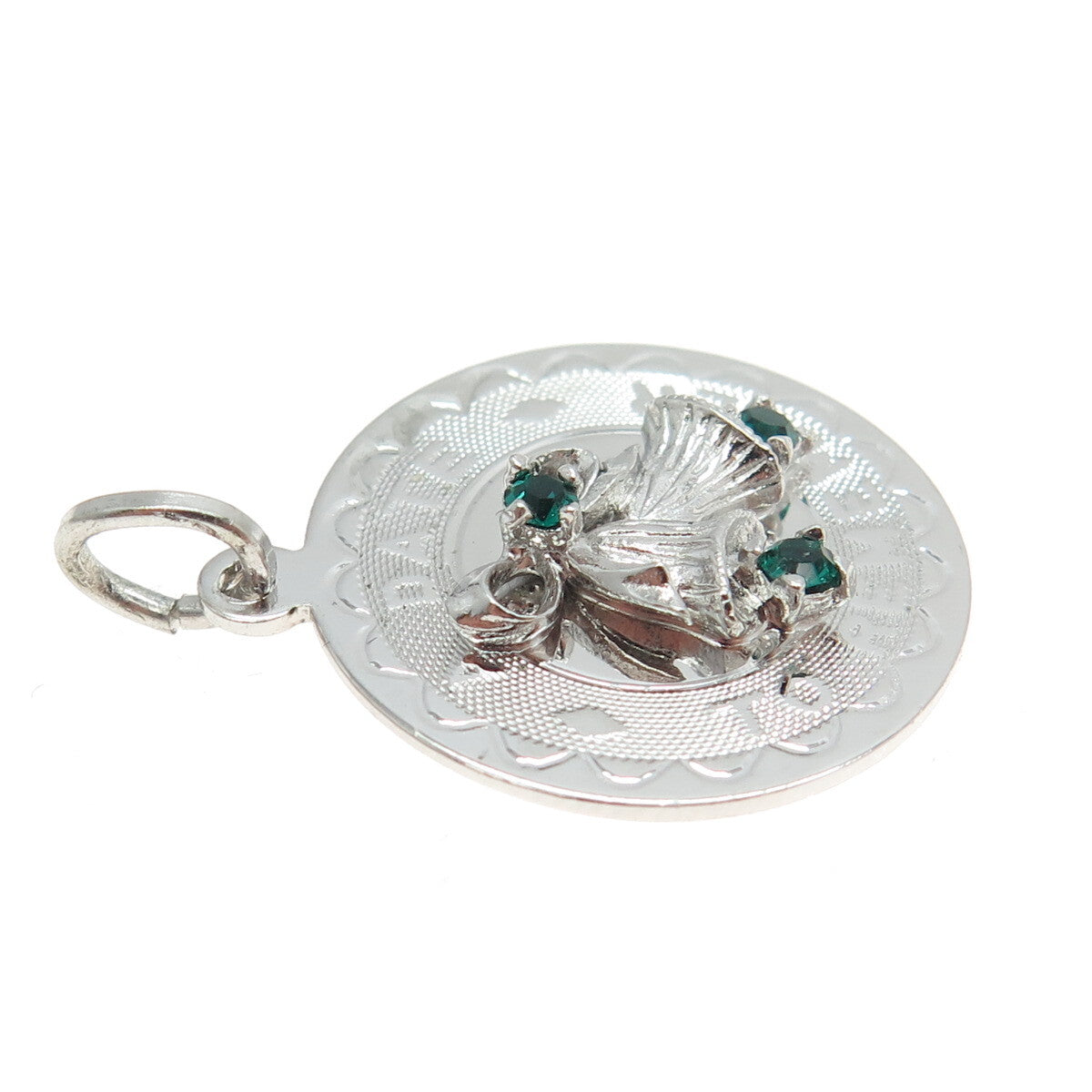 925 Sterling Silver Vintage Green Rhinestone "A Date to Remember" Bells Pendant