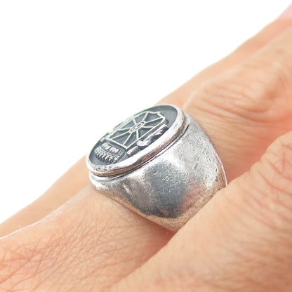 925 Sterling Silver Vintage Coat of Arms of Navarre Oxidized Signet Ring Size 10