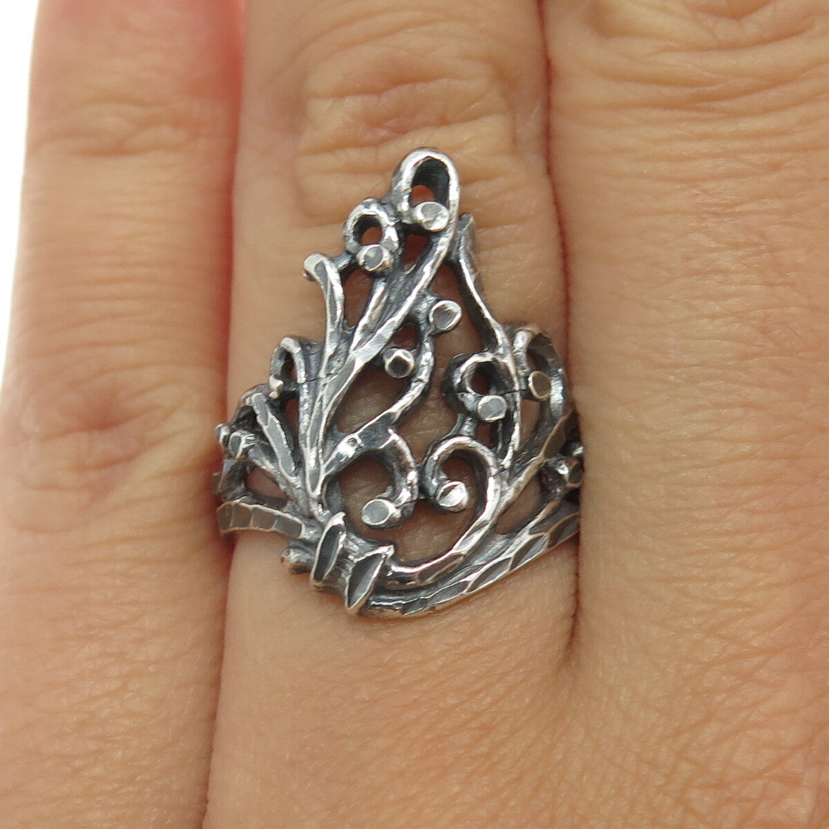 925 Sterling Silver Vintage Modernist Leaf Ring Size 7