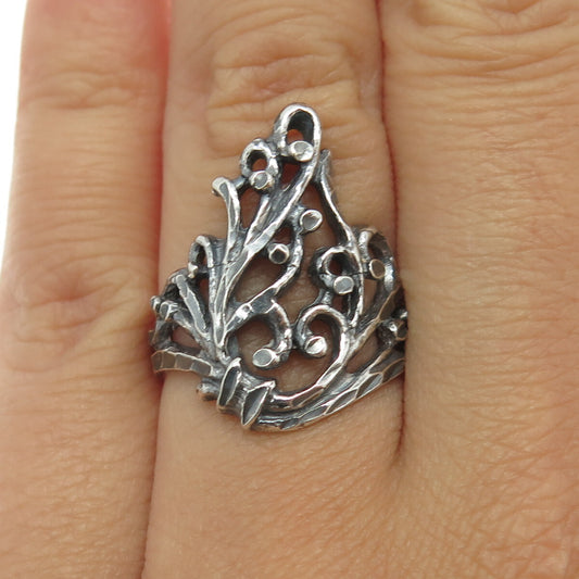 925 Sterling Silver Vintage Modernist Leaf Ring Size 7