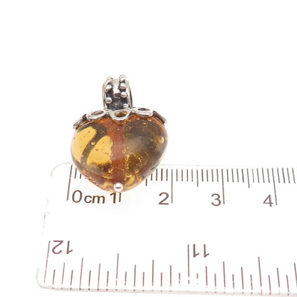 ANSA 925 Sterling Silver Vintage Yellow Glass Modernist Heart Charm Pendant