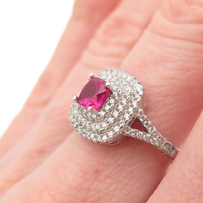 925 Sterling Silver Vintage Cushion-Cut Lab-Created Ruby & C Z Ring Size 7
