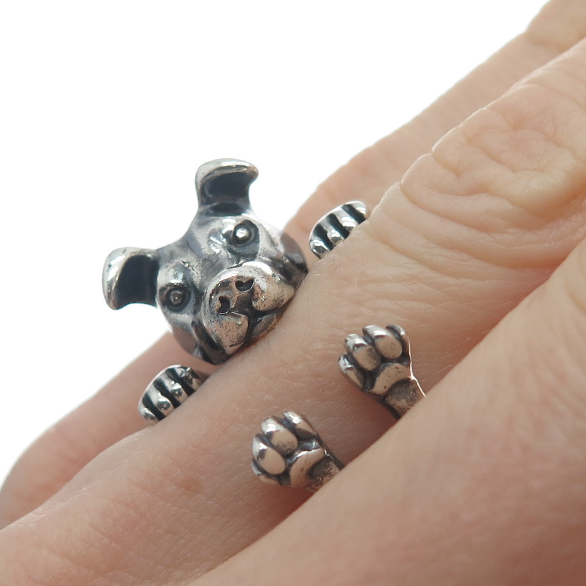 NOVE25 Sterling Silver Vintage Jack Russell Terrier Adjustable Hug Ring Size 6