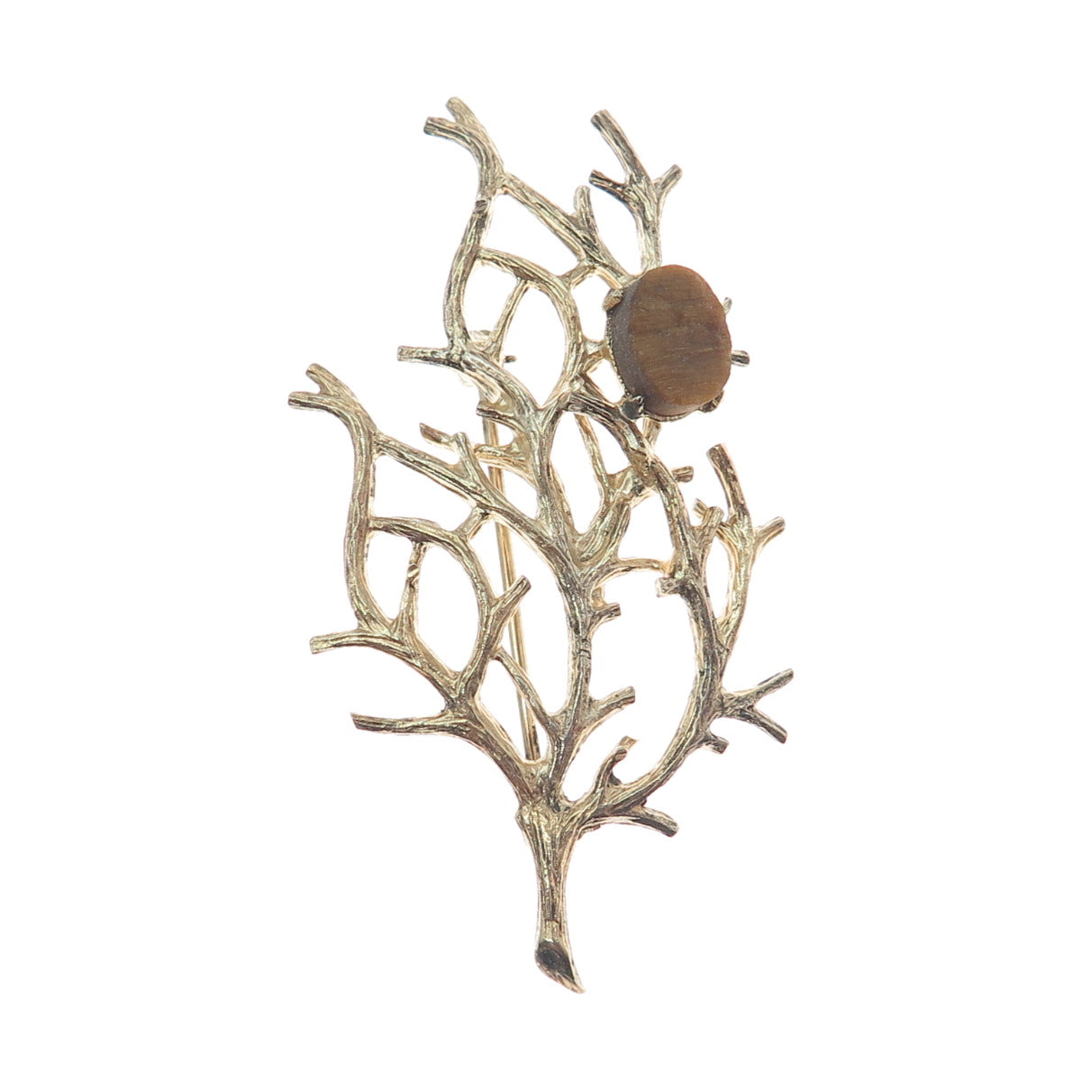 WELLS 925 Sterling Silver Gold Plated Vintage Real Tiger Eye Tree of Life Brooch