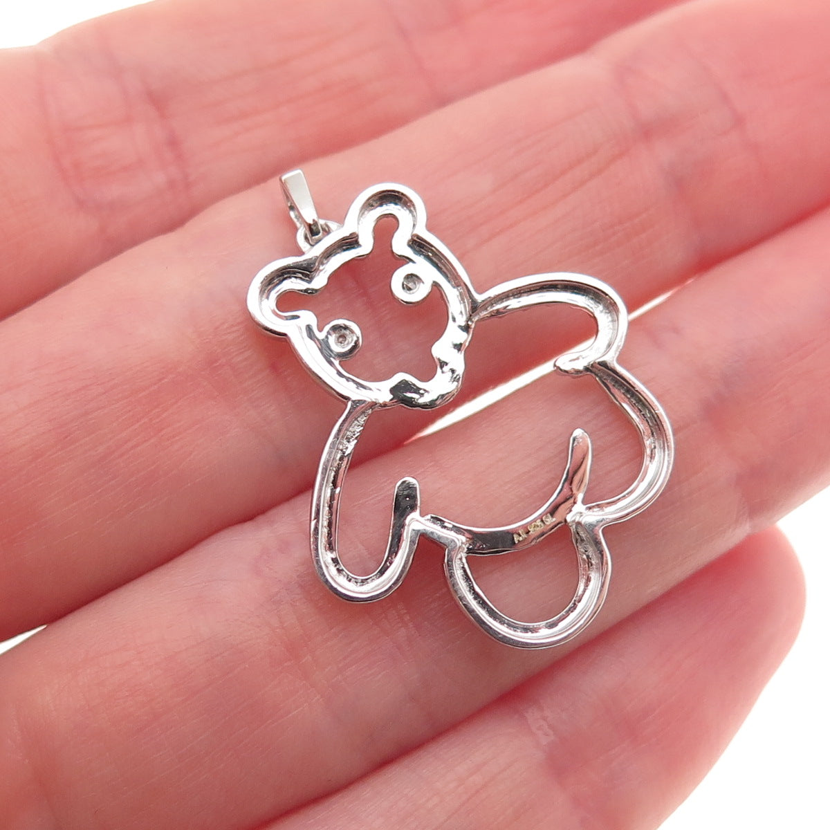 925 Sterling Silver Real Round-Cut Diamond Bear Dotted Charm Pendant