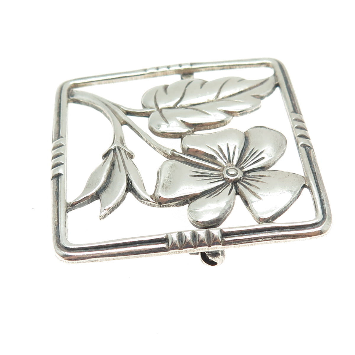 FELCH CO 925 Sterling Silver Vintage Flower Square Frame Pin Brooch