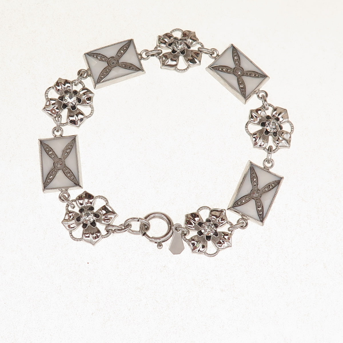 Amco Sterling Silver Antique Art Deco Enamel Marcasite & Rhinestone Bracelet 7"