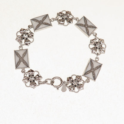 Amco Sterling Silver Antique Art Deco Enamel Marcasite & Rhinestone Bracelet 7"