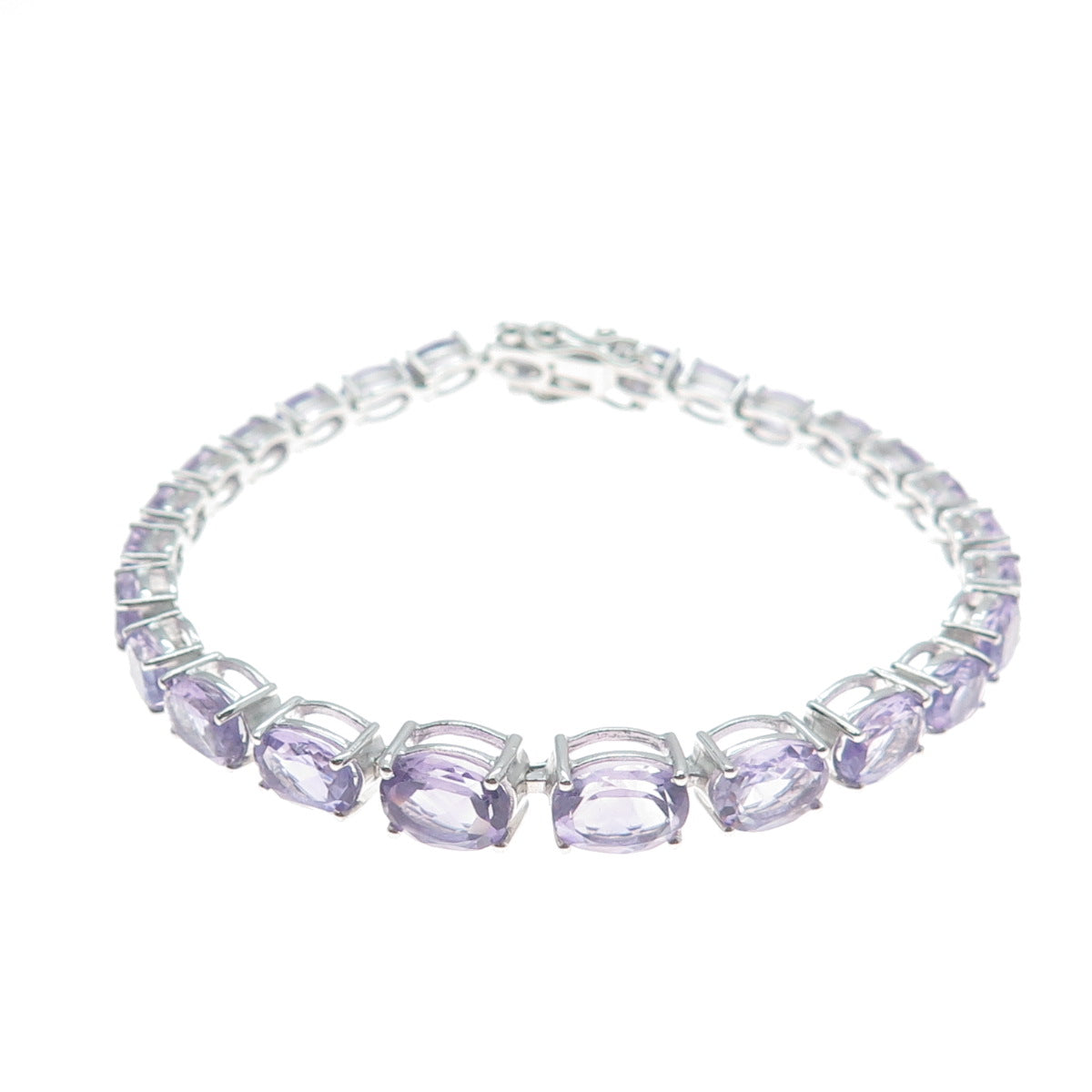 925 Sterling Silver Real Graduated Oval-Cut Amethyst Tennis Link Bracelet 7.5"