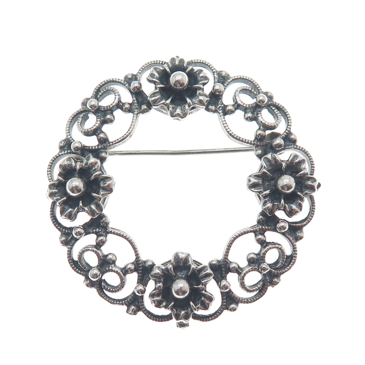 DANECRAFT 925 Sterling Silver Antique Flower & Heart Circle Oxidized Pin Brooch