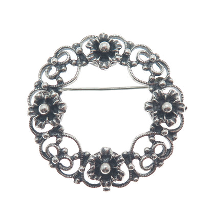 DANECRAFT 925 Sterling Silver Antique Flower & Heart Circle Oxidized Pin Brooch