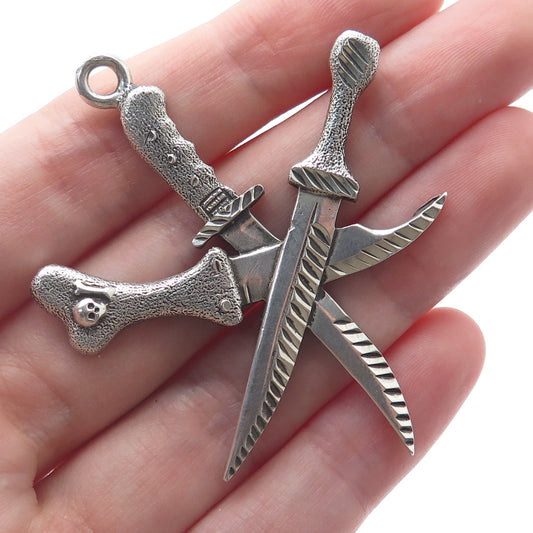 925 Sterling Silver Vintage Pirate Crossed Daggers Oxidized Pendant