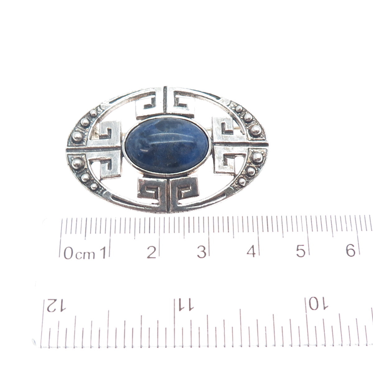 925 Sterling Silver Vintage Real Sodalite Greek Key Oxidized Pin Brooch