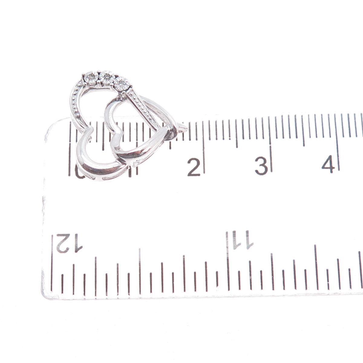 925 Sterling Silver Real Round-Cut Diamond Double Heart Mini Slide Charm Pendant