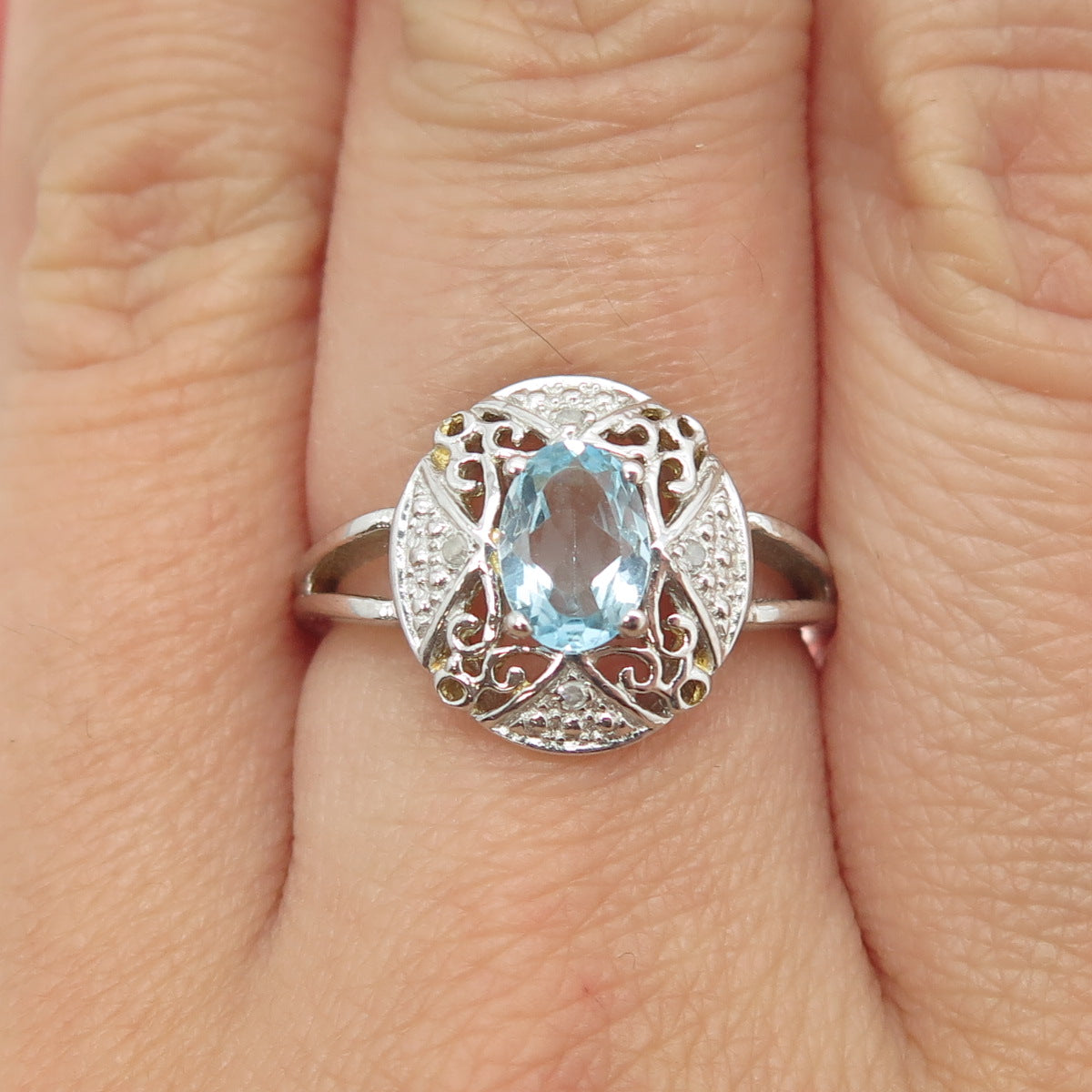 925 Sterling Silver Real Round-Cut Diamond & Blue Topaz "X" Ring Size 7