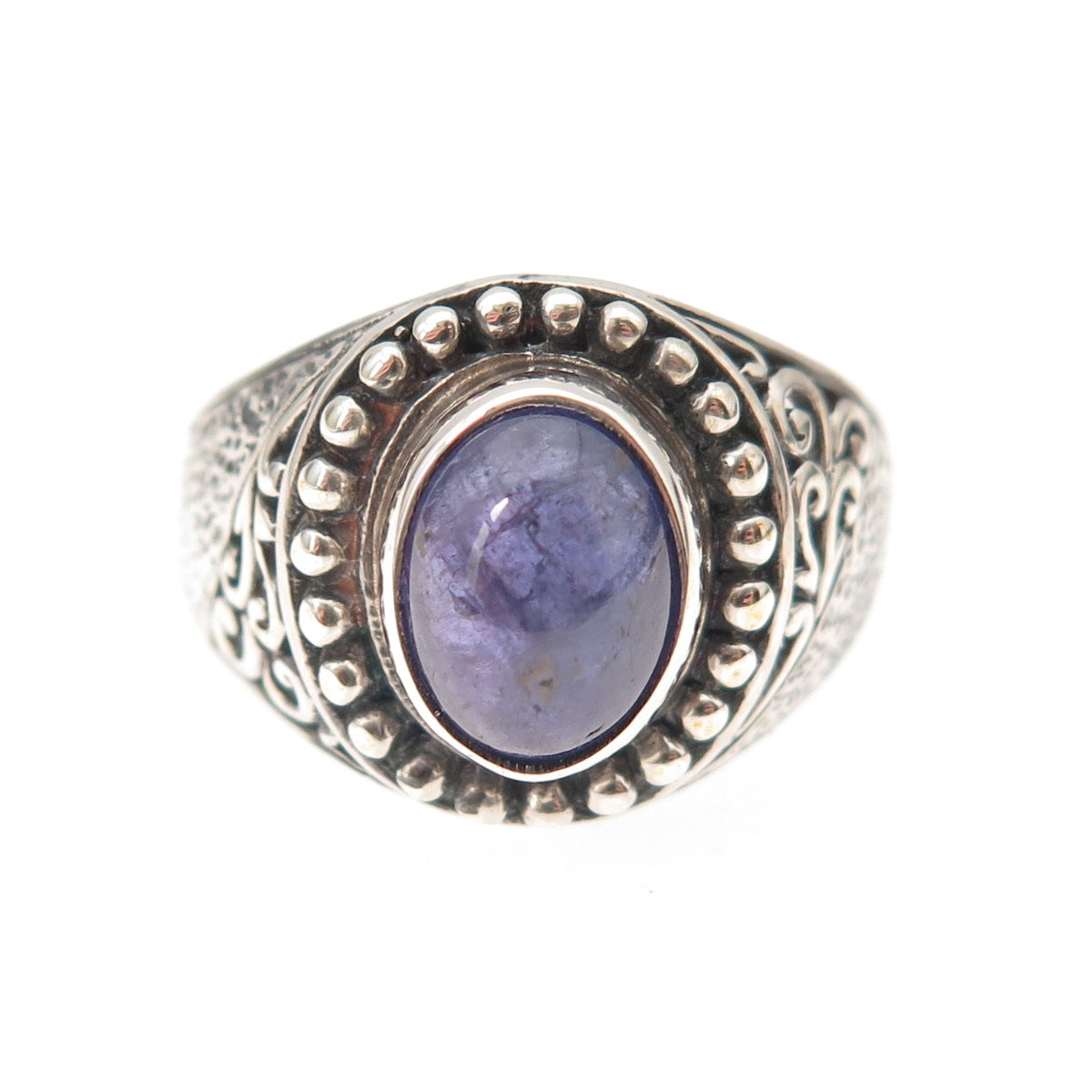 925 Sterling Silver Real Tanzanite Floral Oxidized Ring Size 9.25