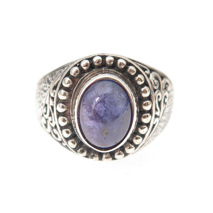 925 Sterling Silver Real Tanzanite Floral Oxidized Ring Size 9.25