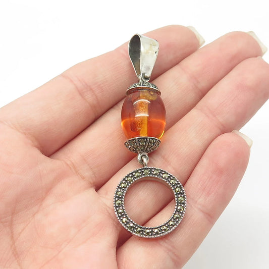 925 Sterling Silver Vintage Real Amber & Marcasite Gemstone Amulet Pendant