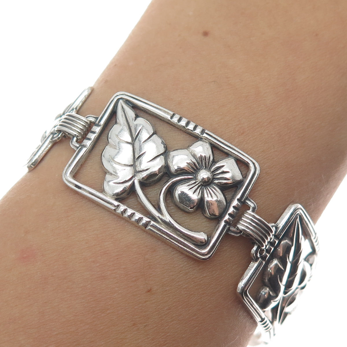 DANECRAFT 925 Sterling Silver Antique Art Deco Flower Panel Link Bracelet 7"