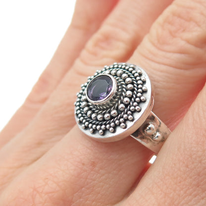 BC Silver Ned Bowman Sterling Vintage Real Amethyst Beaded Oxidized Ring Size 9