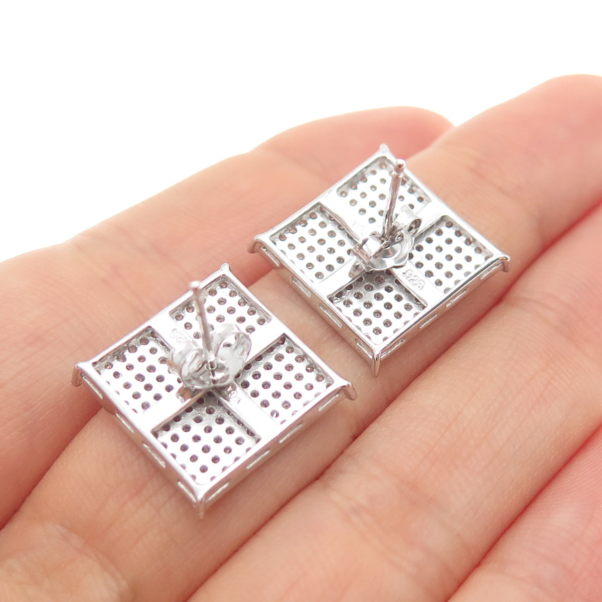 925 Sterling Silver Round-Cut C Z 15mm Square Stud Earrings