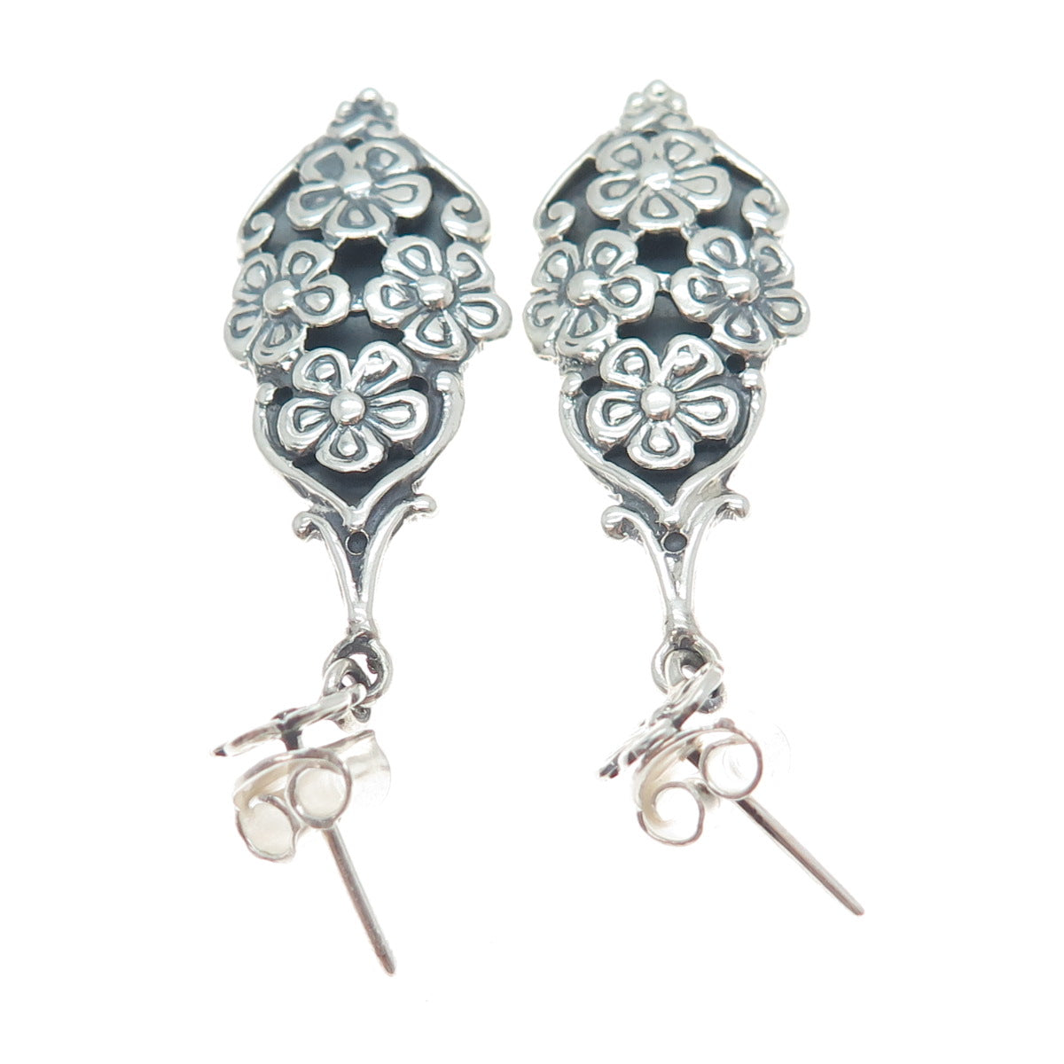 950 Silver Vintage Flower Dangle Earrings