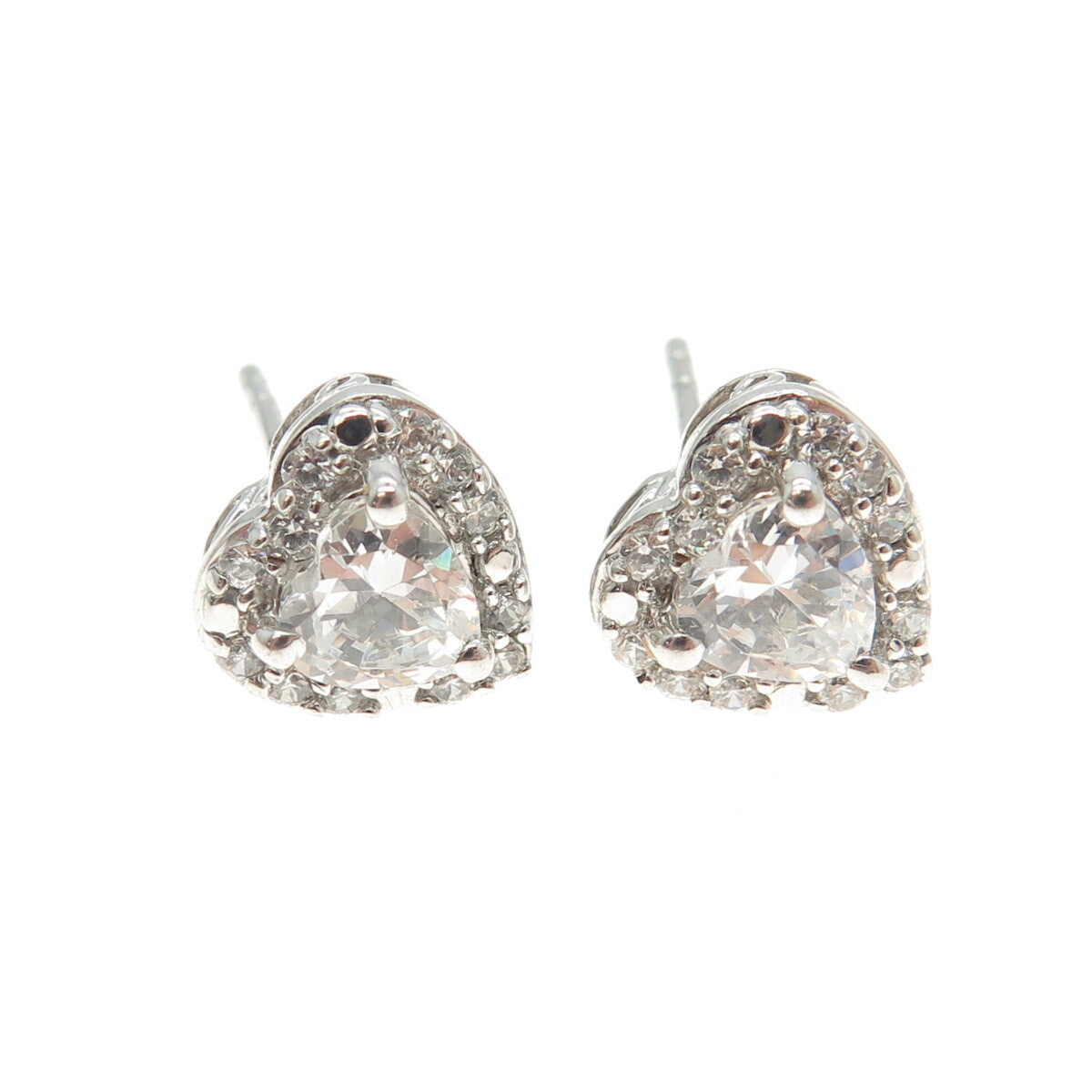 925 Sterling Silver Round-Cut C Z Heart Stud Earrings