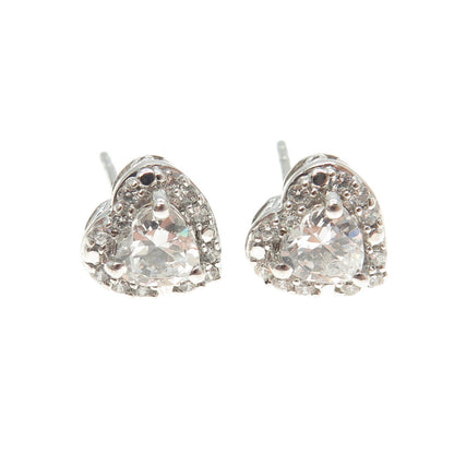 925 Sterling Silver Round-Cut C Z Heart Stud Earrings