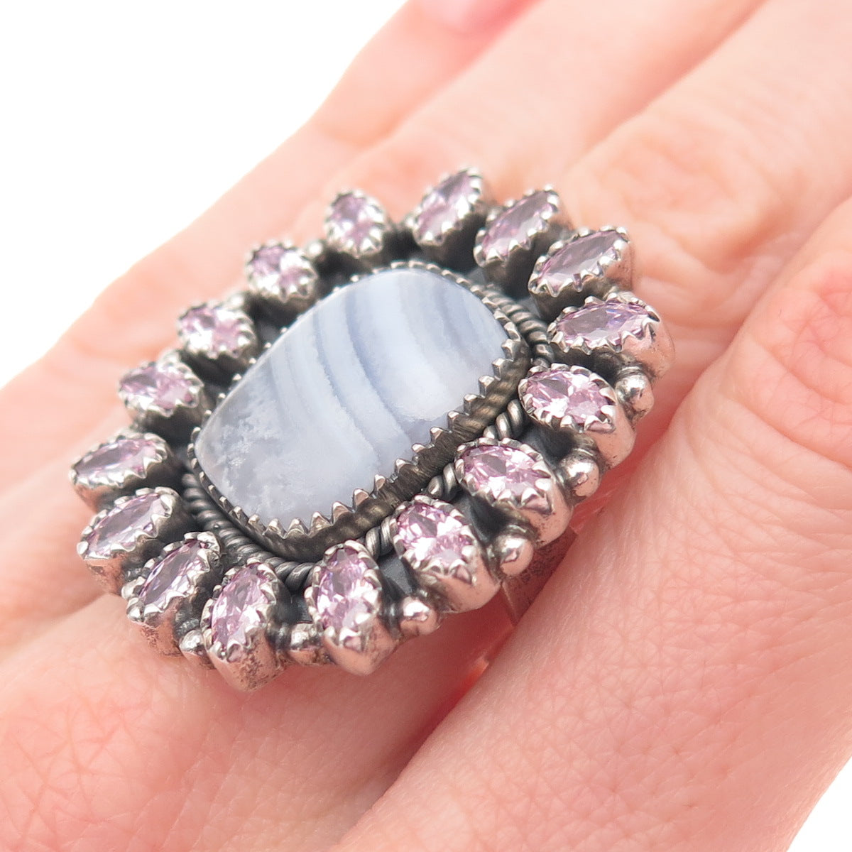 925 Sterling Silver Vintage Real Lace Agate & Pink C Z Adjustable Ring Size 8.75