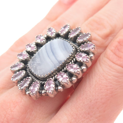 925 Sterling Silver Vintage Real Lace Agate & Pink C Z Adjustable Ring Size 8.75
