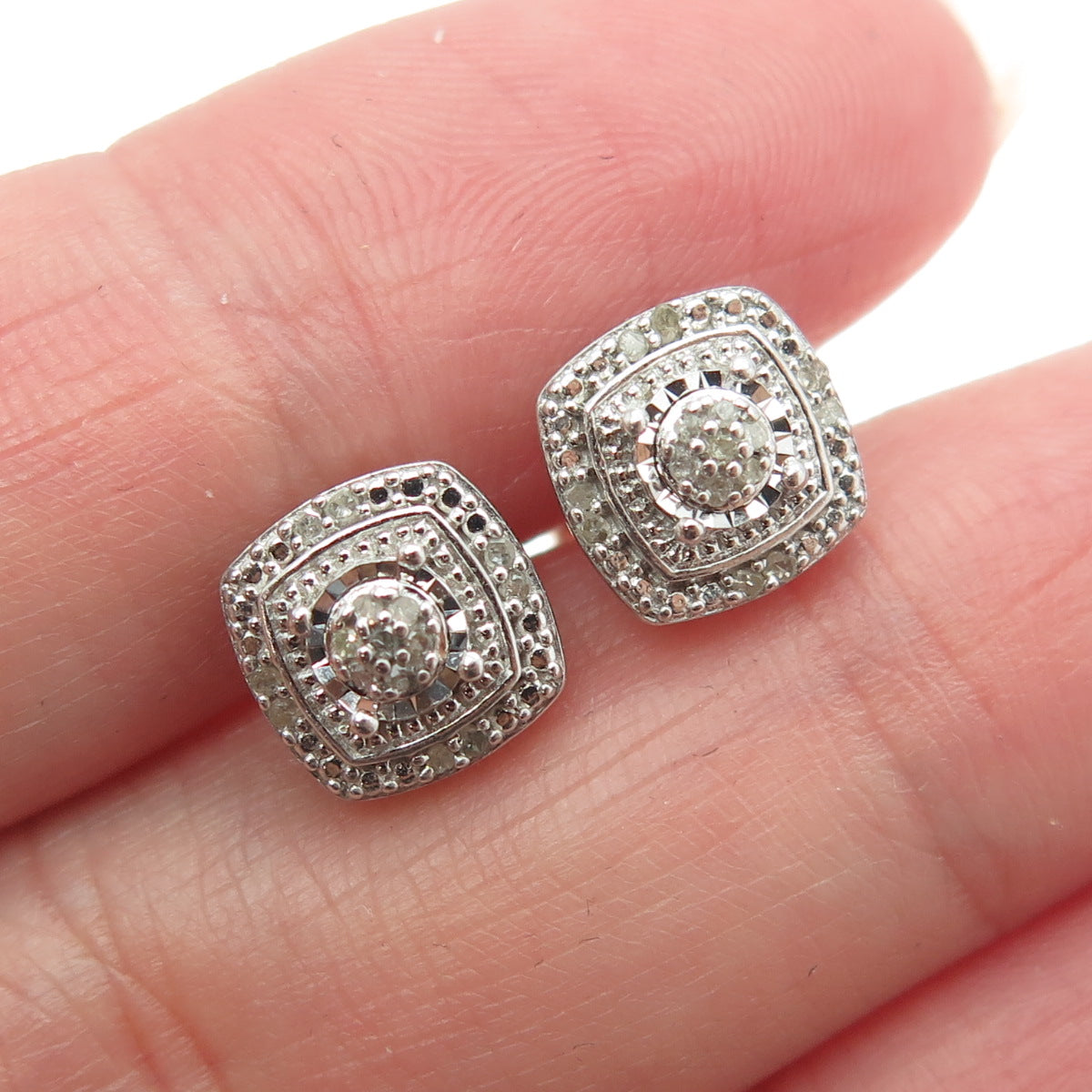 925 Sterling Silver Real Round-Cut Diamond Square Stud Earrings