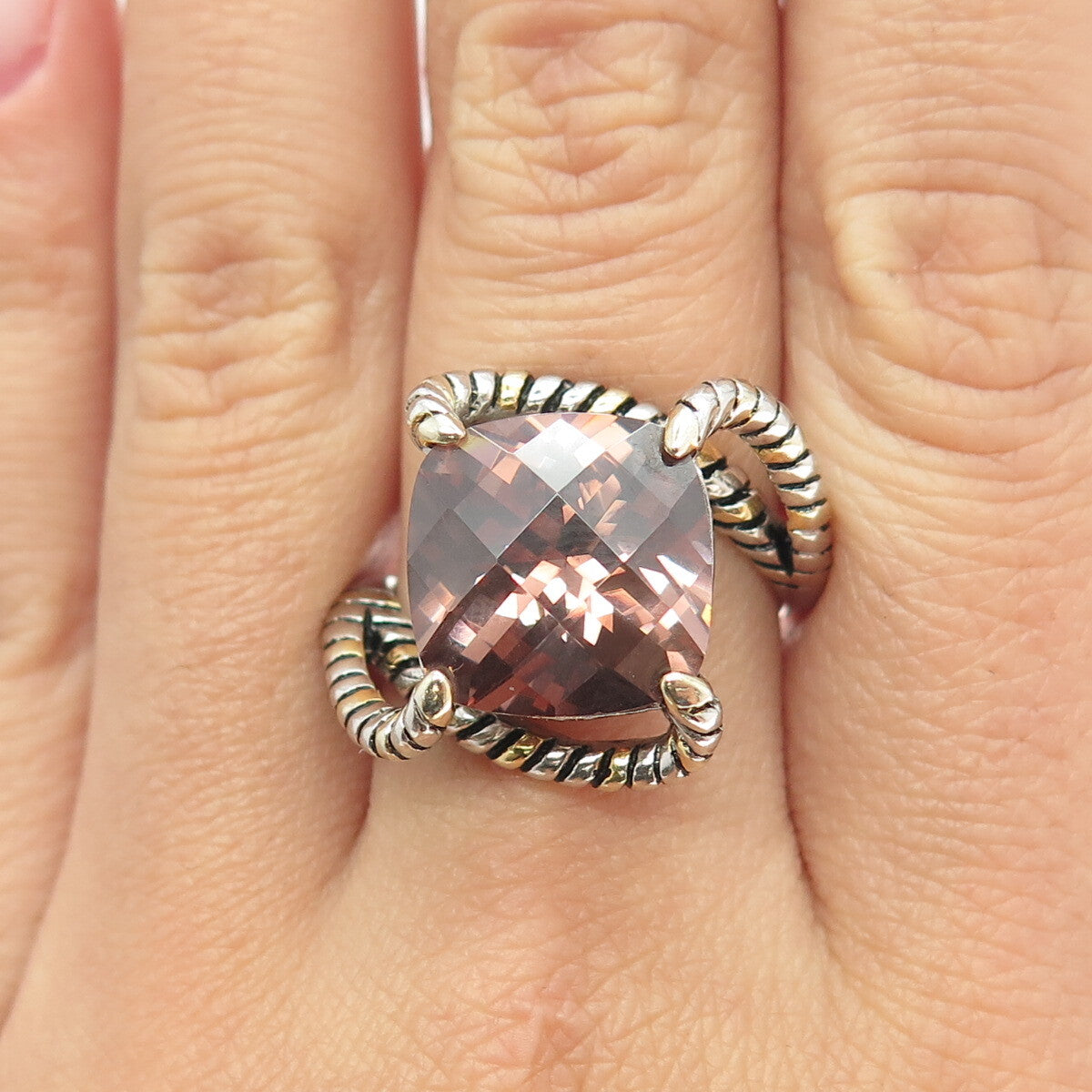 925 Sterling Silver Cushion-Cut Cognac C Z Bypass Ring Size 9