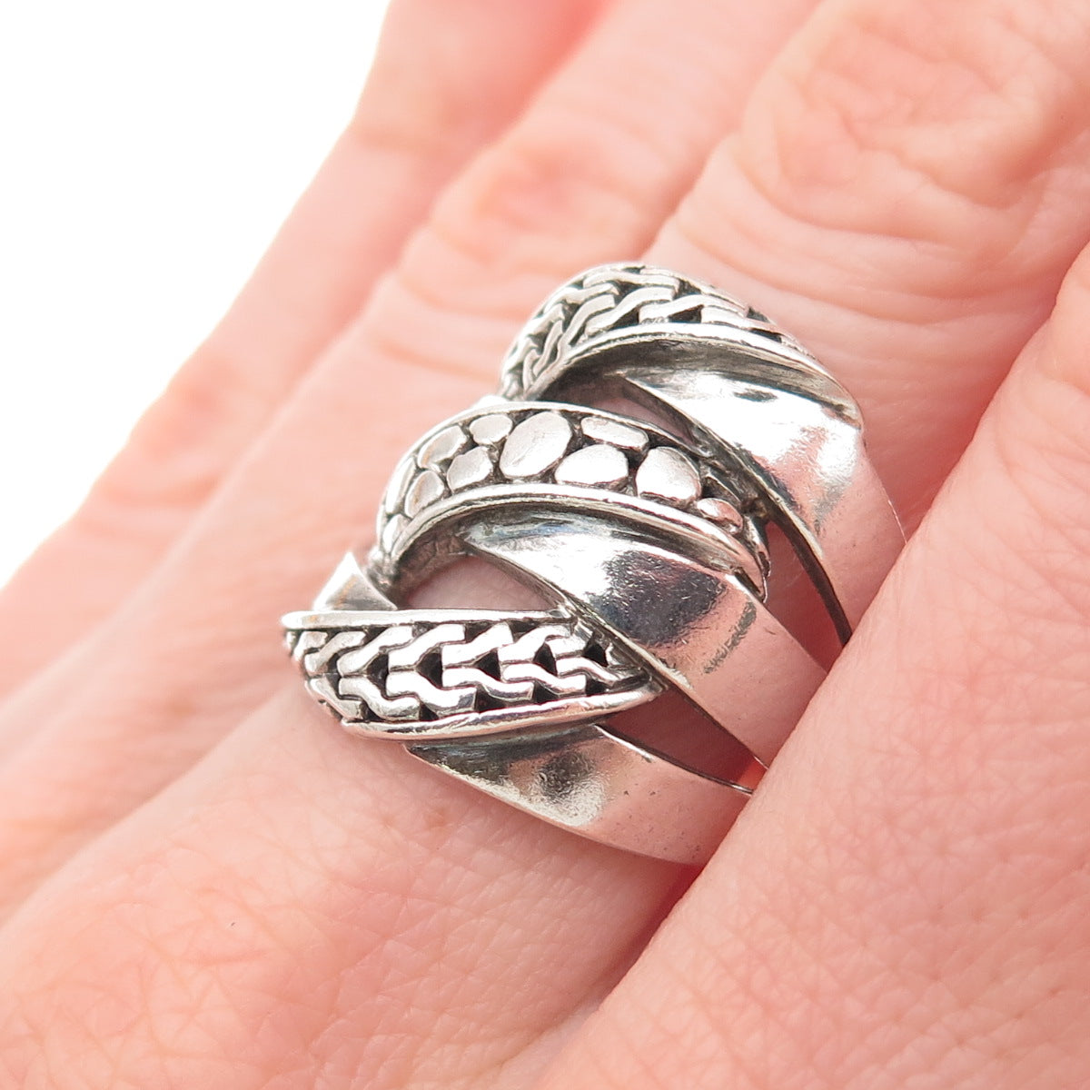 Sarda 925 Sterling Silver Vintage Interlocked Link Oxidized Ring Size 8