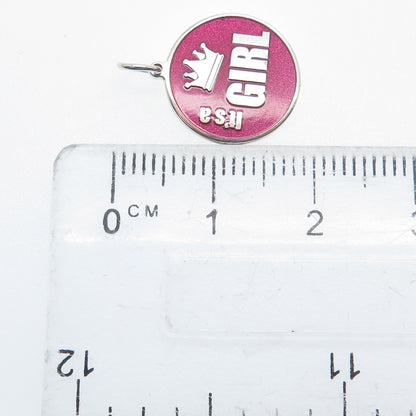 925 Sterling Silver Pink Enamel "It's A Girl" Round Tag Minimalist Charm Pendant