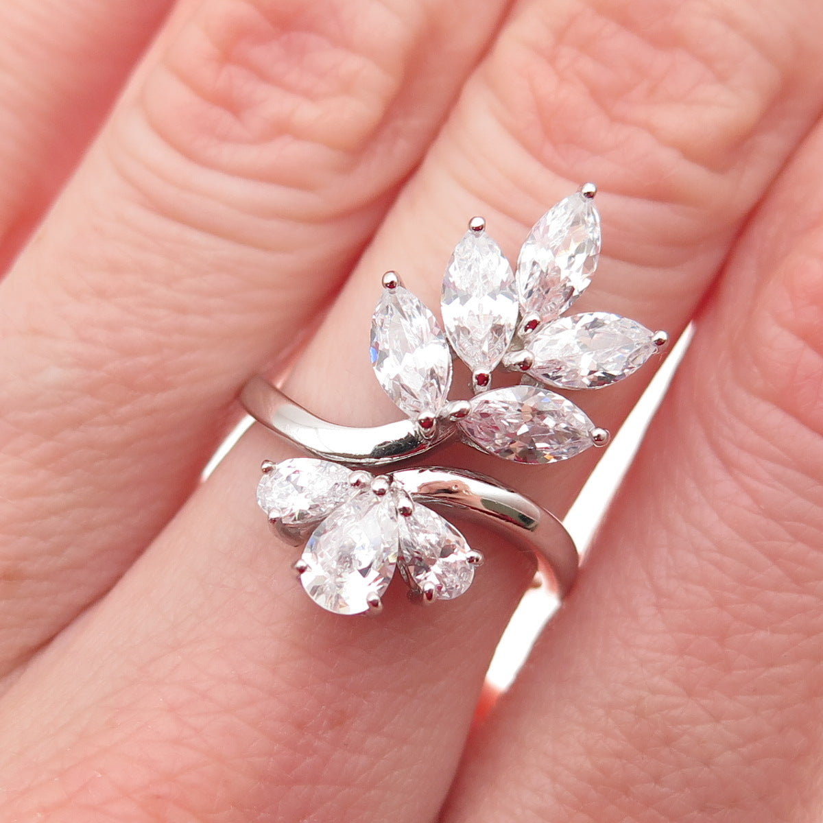 925 Sterling Silver Marquise & Pear-Cut C Z Floral Bypass Ring Size 7