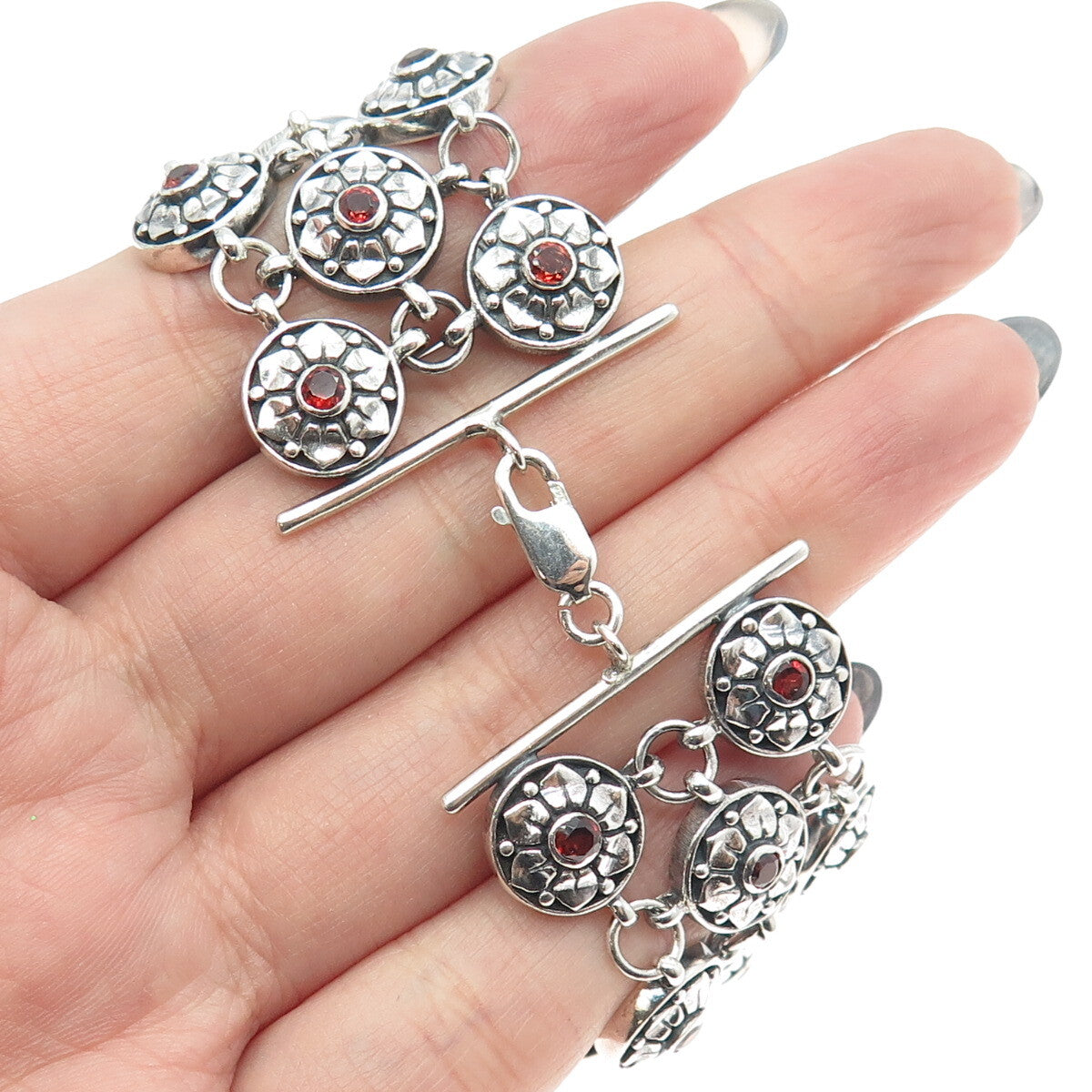 925 Sterling Silver Vintage Real Red Garnet Floral Disc Cluster Link Bracelet 7"