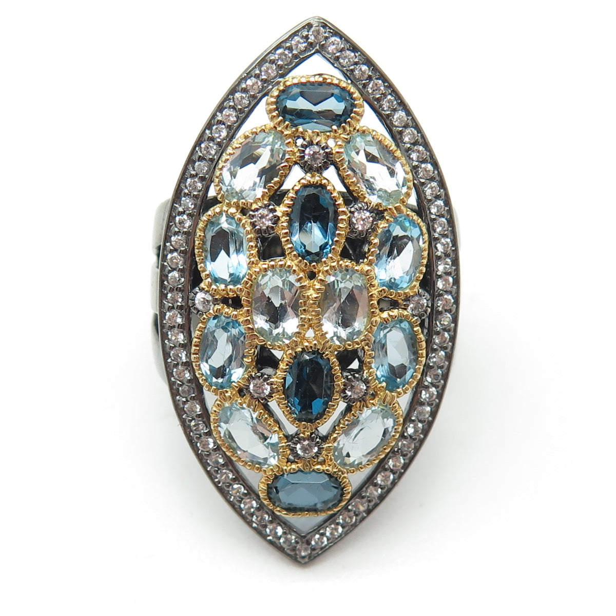 DSMK 925 Sterling White Blue & London Topaz Oxidized Statement Ring Size 6.25