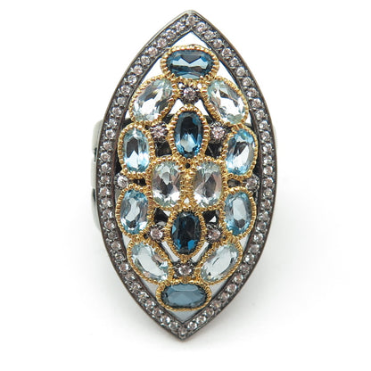 DSMK 925 Sterling White Blue & London Topaz Oxidized Statement Ring Size 6.25