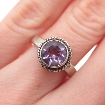 925 Sterling Silver Vintage Real Round-Cut Amethyst Oxidized Ring Size 5.75