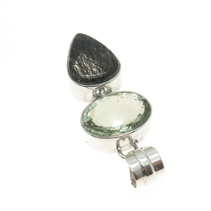 925 Sterling Silver Vintage Real Rutilated Quartz & Green Amethyst Gem Pendant