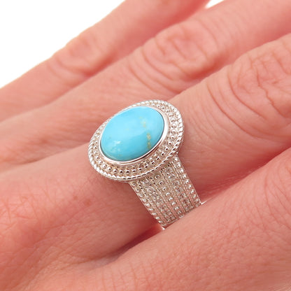 925 Sterling Silver Real Sleeping Beauty Turquoise & White Topaz Ring Size 8