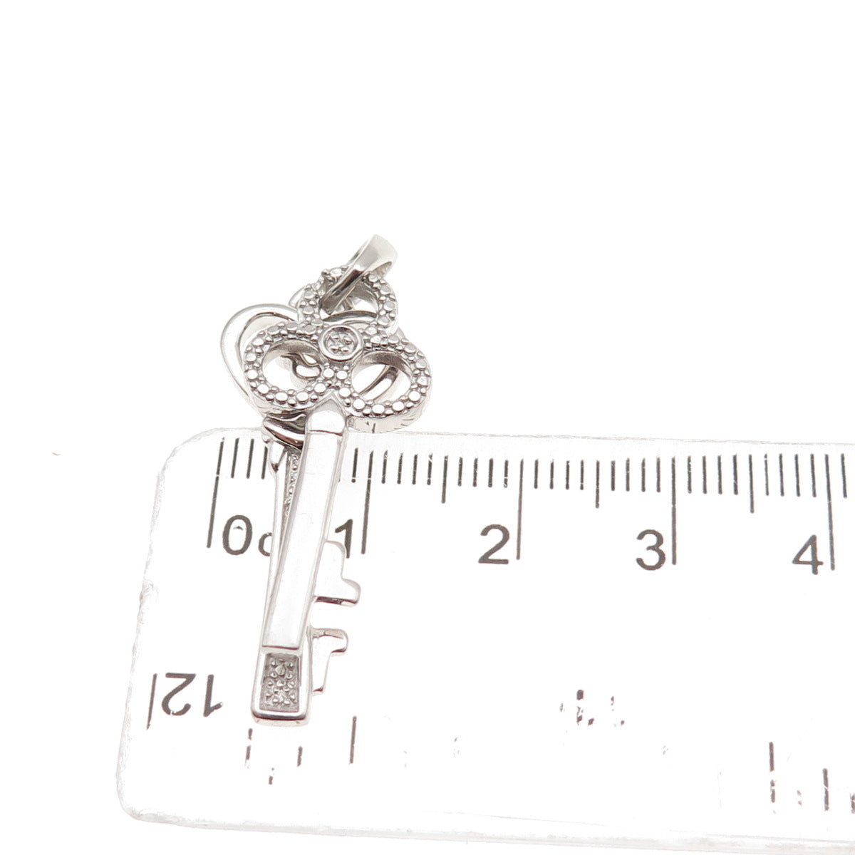 925 Sterling Silver Real Round-Cut Diamond Heart & Club Key Charm Pendant